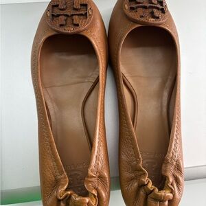 Tory Burch Tan Leather Flats with Logo Detail